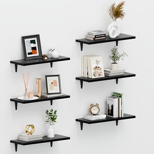 SKYSEN Floating Shelves for Wall Set of 6, 15.7in Wood Wall Shelf for Decor, Bathroom, Bedroom, Storage, Book,Kitchen, L