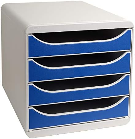 Exacompta - Ref 310003D - BIG-BOX Desktop Drawer Set - 4 x 55mm Drawers, Suitable for A4+ Documents, 347 x 278 x 267mm, 100% Recycled Plastic - Light Grey/Blue