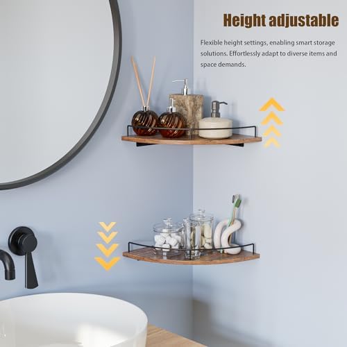 Corner Floating Shelves, Rustic Brown Wood, Set of 2, Wall Mount Storage with Guardrail for Bathroom Kitchen Living Room