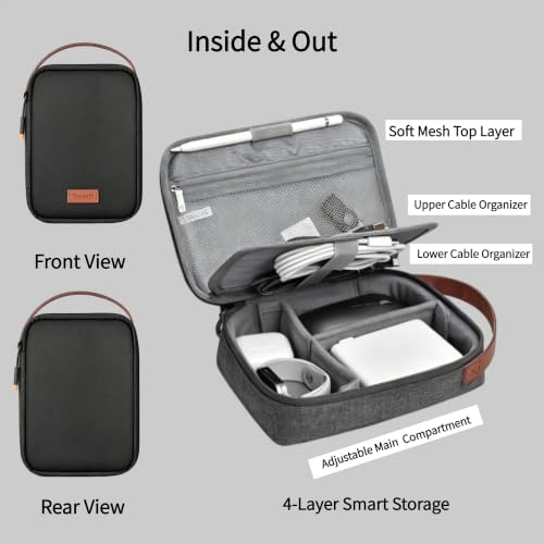 Tech Pouch 8.3" Cable Organizer, Leather Handle EDC Bag for Travel & Cords