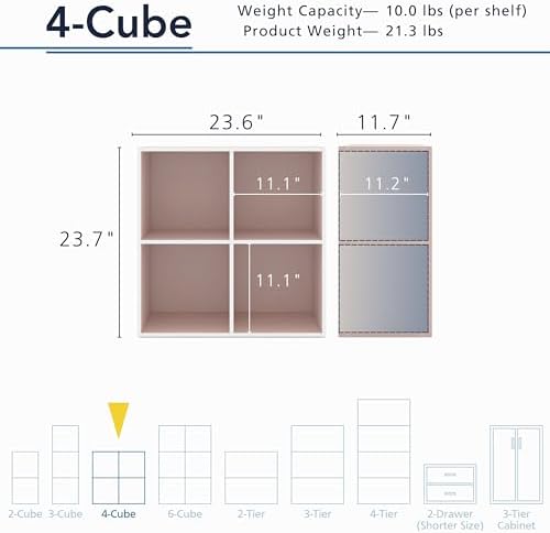 Homes: Inside + Out Apexa 4-Cube Storage Organizer Shelves, Stackable Wood Bookcase Fits Cubby Bins for Organization, Do