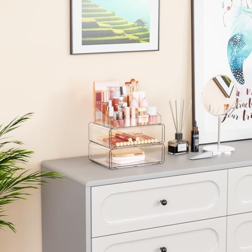 Yieach Clear Acrylic Makeup Organizers Countertop for Dresser,Desk,Bathroom Vanity,3 Tier Stackable Make up Holders and 