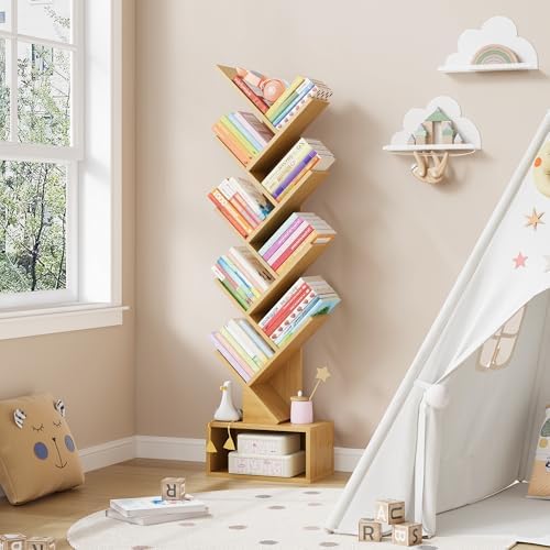 Hoctieon 9 Tier Tree Bookshelf, Tall Bookcase with Drawer, Wood Book Shelf, Modern Floor Standing Bookshelves, Book Orga