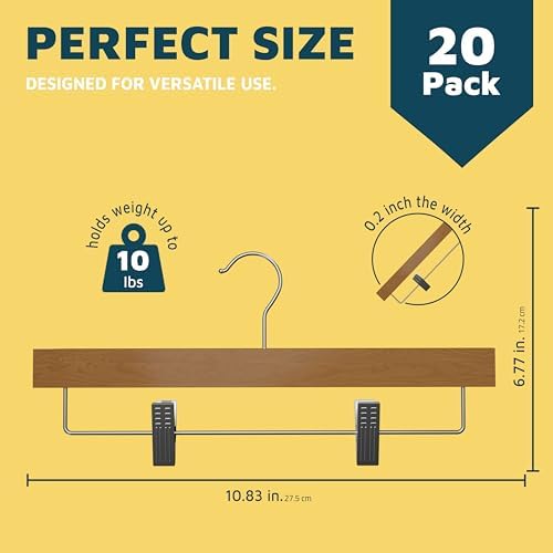 Natural Color Wooden Pants Hangers 20 Pack, Lotus Wood Hanger with Adjustable Non-Slip Clips, Heavy Duty 10 lb Capacity, 360° Swivel Hook, Slim, Space-Saving Design for Slacks, Jeans, Skirts