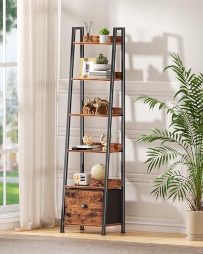 Furologee 6 Tier Ladder Shelf, Tall Ladder Bookshelf with Fabric Drawer