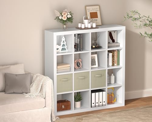 furtble Bookshelf with Storage Bins, 16-Cube Storage Organizer with Back Panels, Modern Wood Open Bookcase, Multifunctio