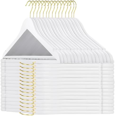 TOPIA HANGER Wooden Hangers 30 Pack, White Wood with Golden Hooks