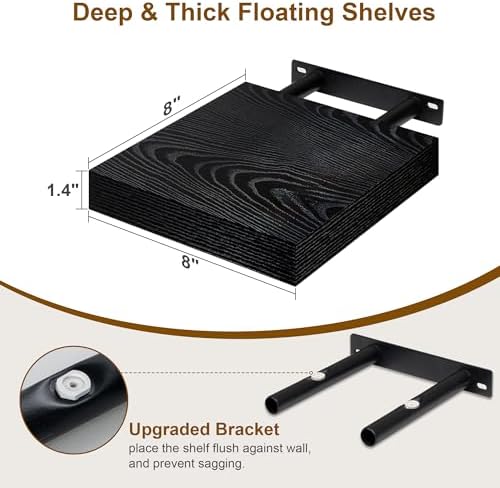 Fun Memories Black Floating Shelves 8 Inch Long, 8" Deep Wall Shelves, Small Deep Floating Shelf Square Wall Shelf, Rust