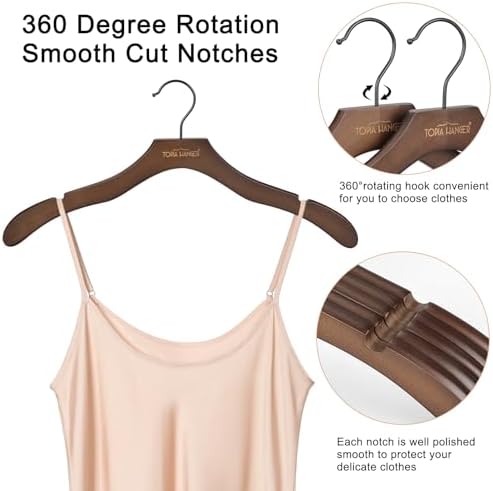TOPIA HANGER Wooden Hangers for Women, Premium Sweater Hangers No Shoulder Bump, 360° Swivel Hook and Cut Notches Clothes Hangers for Sweater, Coat, Shirts, Hoodies, Dress, 24 Pack Walnut CT85WA