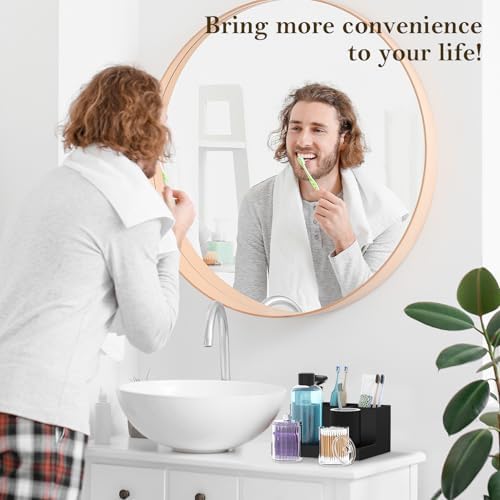 Toothbrush Holder for Bathroom with 2PCS Qtip Holder Dispenser, 3 Slot Bathroom Accessories Holder Floss Cotton Swab Hol