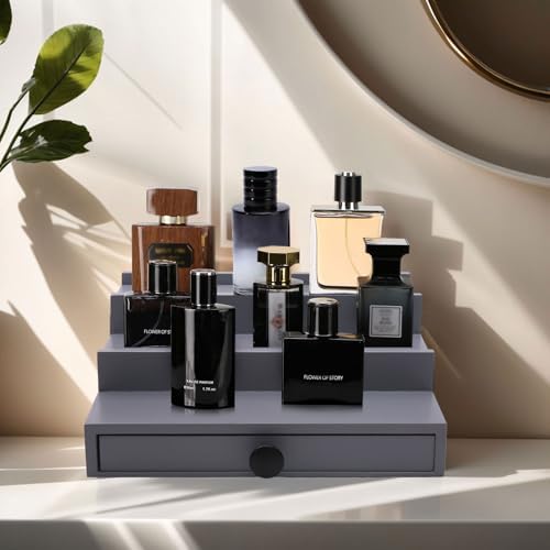 3 Tier Men's Cologne Organizer, Gray Wooden Display Stand with Drawer
