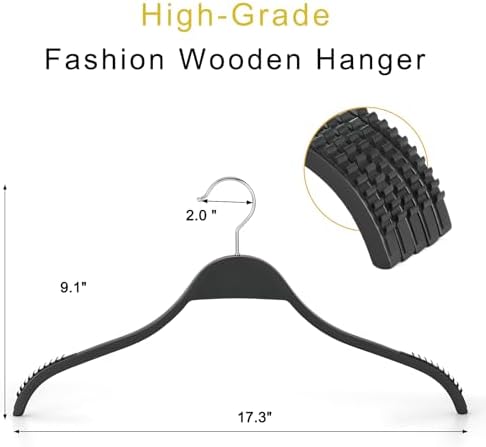 TOPIA HANGER Slim Wooden Hangers with Extra Soft Non-Slip Rubber Grips, 30-Pack High-Grade Fashion Hanger No Shoulder Bump for Sweater, Camisole, Jacket, Dress, Coat (Black)-CT15B30