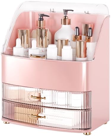 Makeup Organizer Countertop Vanity with Transparent Lid Drawers Waterproof Dustproof Cosmetic Skincare Bathroom Storage 