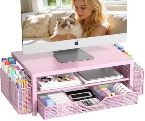 OPNICE Desk Organizers and Accessories, Computer Monitor Stand Riser with Drawer and 2 Pen Holders, Printer & Laptop Sta