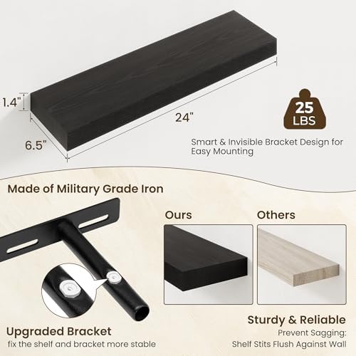 Axeman 24Inch Floating Shelves for Wall, 2 Packs, Invisible Brackets, Black
