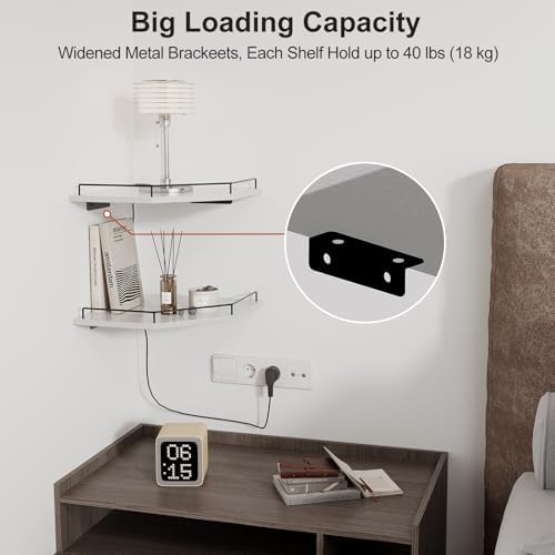 JJL Corner Shelf Wall Mounted, 12 Inches 2-Tier Floating Corner Shelf, Hexagon Rustic Wood Decor with Fence, White Float