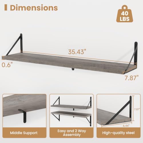 Heimlove Floating Book Shelves for Wall,35.4 Inches Long Wall Mounted Bookshelves,Heavy Duty Bracket Shelves for Living 
