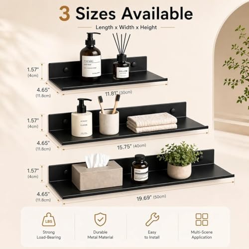 Z metnal Bathroom Shelf, Small Floating Wall Shelves, Decorative Ledge Shelf, Aluminum, Wall Mounted, Matt Black, 20/16/