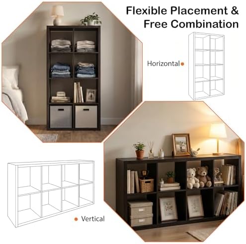 WannabeMyself【2026 Wooden Thick Frame】 8 Cube Storage Organizer with Anti-Tipping Kits, Reversible Open Back Book Shelf,