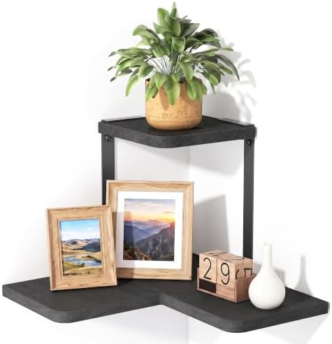 SRIWATANA 2-Tier Corner Wall Shelf, Rustic Wood Storage Display Shelf Black