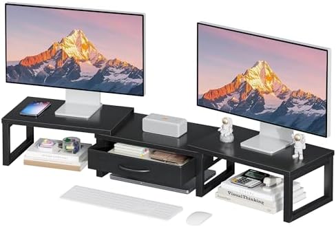 Dual Monitor Stand Riser, Desk Organizers and Accessories with Drawer, Computer Monitor Stands for Desk, Adjustable Desk