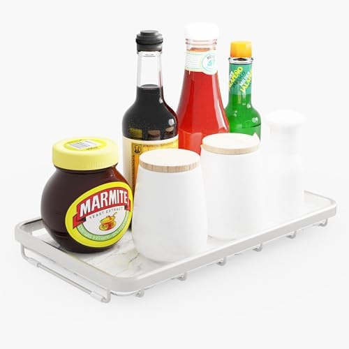 Counter Organizer for Bathroom, Kitchen or Coffee Bar, Metal Shelf with Faux Marble, Vanity Countertop Makeup Storage, D