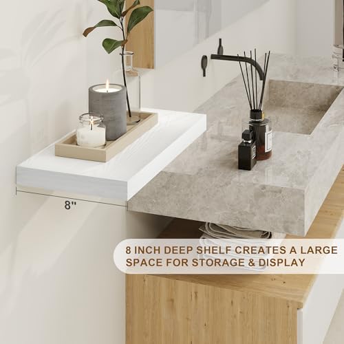 Fun Memories White Floating Shelves 16 Inch Long, 8 Deep Floating Shelf Wall Mounted, 16 x 8 Inch Wooden Bathroom Shelve
