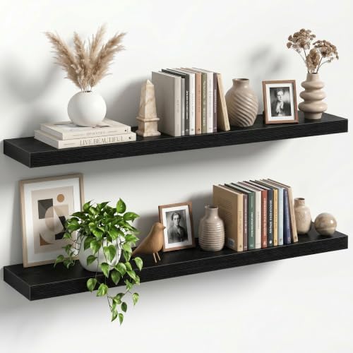 40" Floating Shelves for Wall, Set of 2, 8" Deep, 1.5" Thick, Black