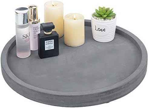 MyGift 16 Inch Round Gray Concrete Decorative Tray for Bathroom Vanity Counter, Living Room Coffee Table or Ottoman, Kit