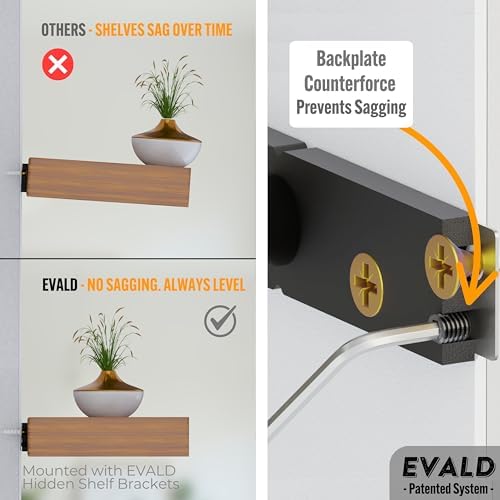 EVALD LevelMate™ Titan-Mount 4 Inch Floating Shelf Brackets, Heavy Duty Hidden Shelf Brackets for Floating Shelves, Blac