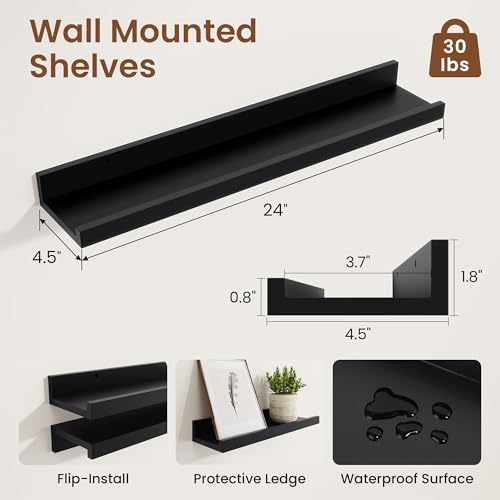Heimlove Picture Ledge Shelf,24 inch Long Floating Shelves for Wall Set of 2,Black Picture Shelf with Lip for Wall Decor