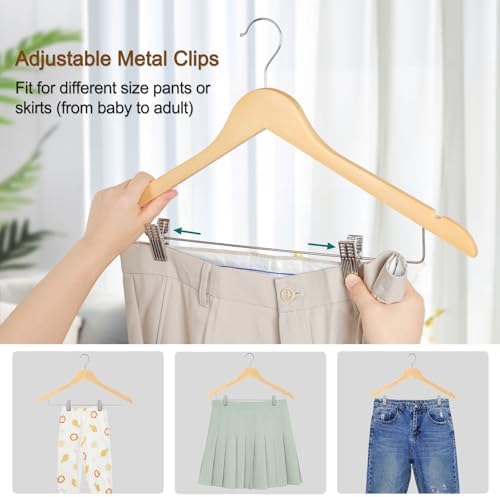 TOPIA HANGER Wooden Hangers with Adjustable Metal Clips and 360° Swivel Hook, Premium Wood Clothes Hangers 10 Pack for Suit, Pant, Skirt, Jeans, Coat, Jacket-CT28N