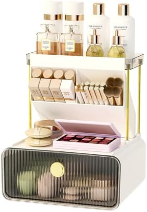 FOLLOWIN 3 Tier Makeup Organizer, Vanity Desk Cosmetic Display with Drawer