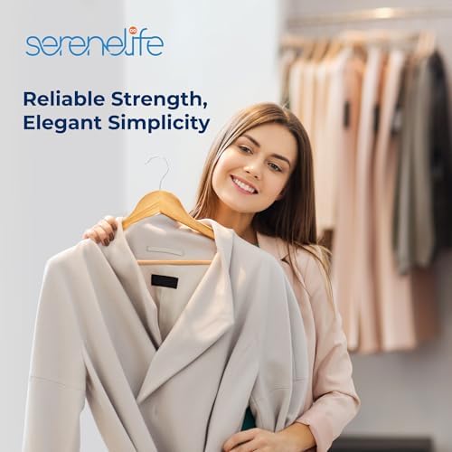 SereneLife Solid Wooden Hangers, Mega Pack, 60 Pieces Hangers for Clothes, Heavy Duty Suit Hanger Set with Chrome 360 Degree Swivel Hook, Notched Design, Natural Wood Color