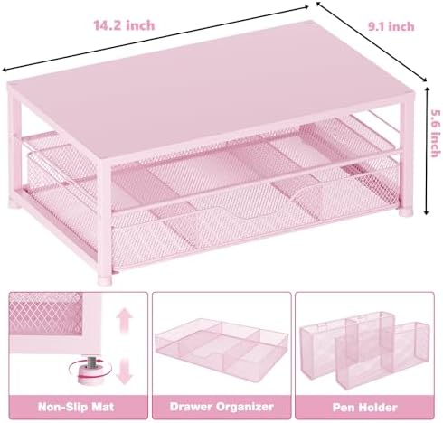 OPNICE Desk Organizer and Accessories, 2-Tier Computer Monitor Stand Riser with Drawer and 2 Pen Holders, Laptop Stand, 