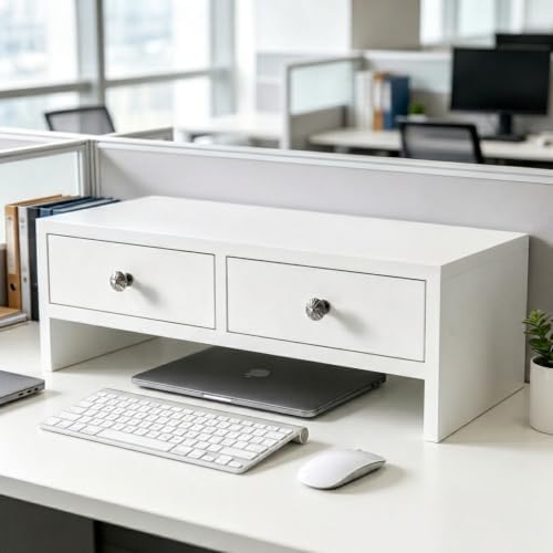 WELLAND Monitor Stand Riser with Drawers, Computer Monitor Stand, Desktop Organizer Stand for Laptop, PC, Office Supplie