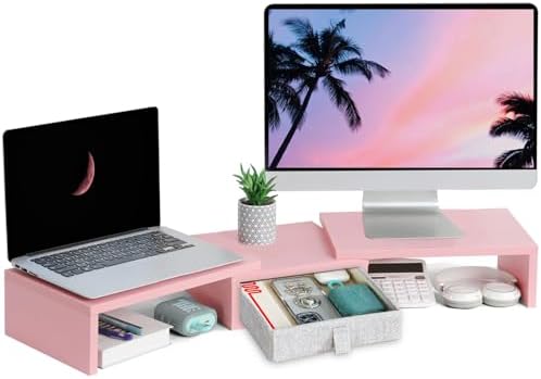 TEAMIX Pink Dual Monitor Stand Riser with Drawer - Length and Angle Adjustable Double Corner Desk Shelf Organizer 37 inc