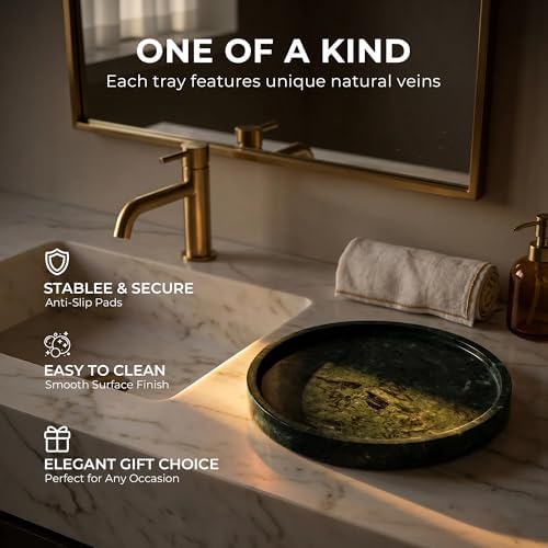 Natural Marble Decorative Tray for Bathroom Bedroom Kitchen, Large 10.6" Round Vanity Trays for Jewelry, Perfume, Cosmet