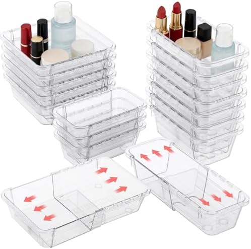 15 Pcs Expandable Drawer Organizer,Adjustable Drawer Organizer,2-Size,Clear