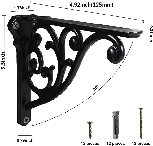 Khtumeware Ornate Decorative Shelf Brackets, 5x3.5 inch Small wall Mounted Shelving Bracket, 2 Pack Black Vintage Metal 