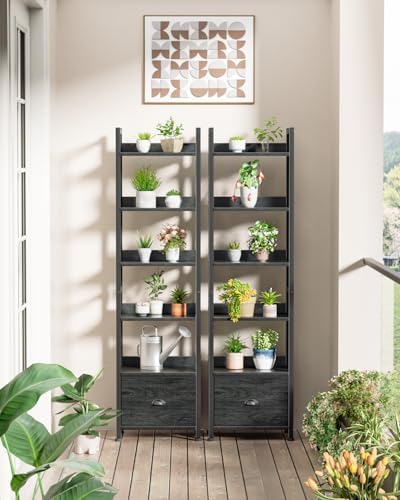 Furologee 6 Tier Bookshelf with Drawer, Tall Narrow Bookcase, Black Oak