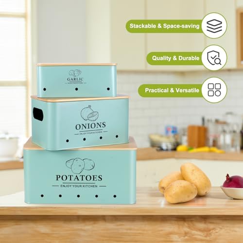 Kitchen Vegetable Storage Set of 3, Metal Onion Garlic Potato Storage Set, Kitchen Canisters Vegetable Keeper Containers