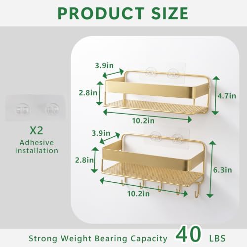 Gold Bathroom Wall Mount Floating Shelf 2 Pack, No Drilling Shower Organizer Rack with Hooks, Rustproof Metal Bathroom S