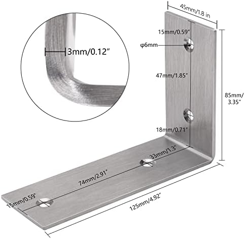 YUMORE Heavy Duty L Brackets, 5×3×1.8 in Shelf Brackets, Brushed Nickel