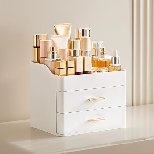 HBlife Makeup Organizer for Vanity with 2 Drawers, Large Bathroom Countertop Cosmetics Organizer Skin Care Storage, Easy