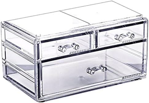 Acrylic Makeup Organizer Cosmetic Storage Jewelry Display Case Makeup Brush Holder Blush Organizer Lipstick Dispenser (9.3x 6.1 x 4.3 in, 2 Small & 1 long Drawers, Transparent)