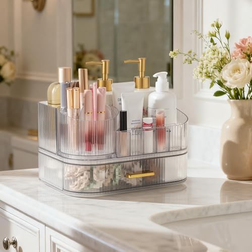 Delamu Rotating Makeup Organizer countertop, Brush Holder for Vanity, Clear