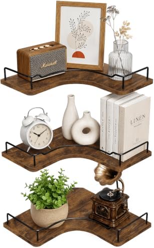 Homode L-Shaped Corner Floating Shelves Wall Mounted Set of 3, Rustic Brown