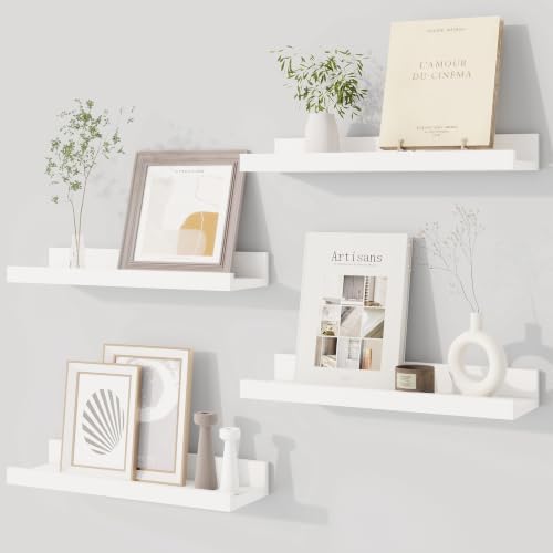 Dreamland Picture Ledge Shelf for Wall, Floating Shelves Set of 4,16 inch Long Floating Shelves with Lip for Living Room,Bedroom,Bathroom,Kitchen,White