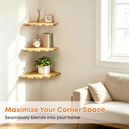 Fantasyon Corner Floating Shelf Wall Mount, Set of 3 Floating Corner Shelves, Bamboo Wood Corner Hanging Shelves with Co